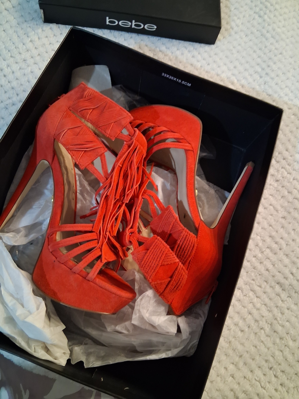 bebe Red Suede Fringe Platform Heels